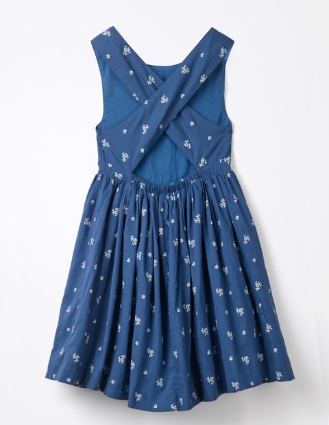 Bedrucktes Kleid Mit Überkreuzten Trägern - Indigoblau, Blumenmuster Bedrucktes Kleid Mit Überkreuzten Trägern - Indigoblau, Blumenmuster