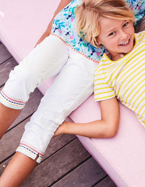 Embroidered Hem Capri Pants - White Embroidered Hem Capri Pants - White