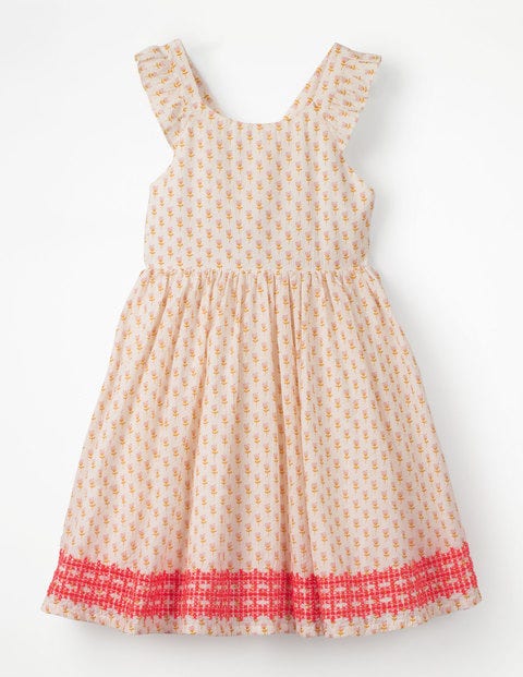 Embroidered Cross-Back Dress - White/Shell Pink Bud Embroidered Cross-Back Dress - White/Shell Pink Bud