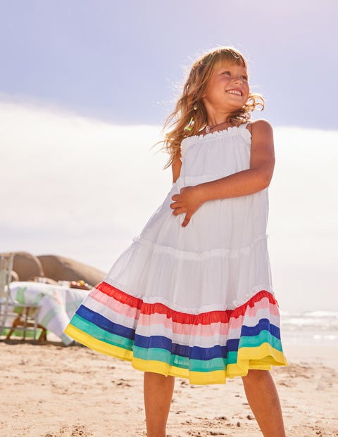 Twirly Woven Dress - White/Rainbow Stripes