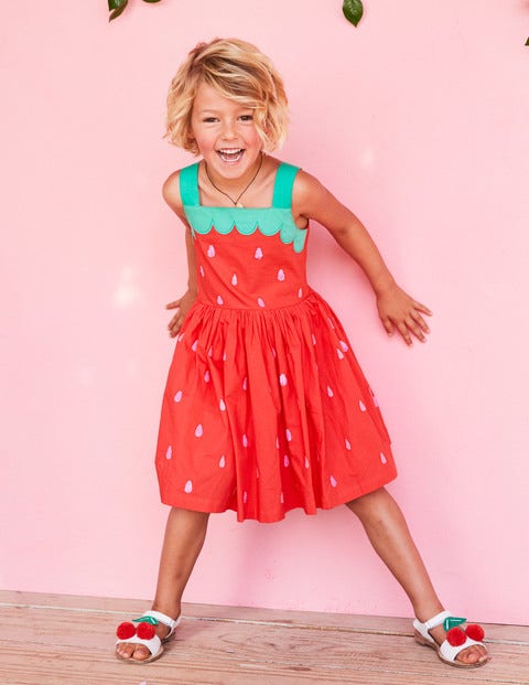 Fun Applique Woven Dress - Strawberry Tart Red