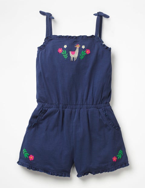 Embroidered Jersey Playsuit - Starboard Blue/Llama Embroidered Jersey Playsuit - Starboard Blue/Llama