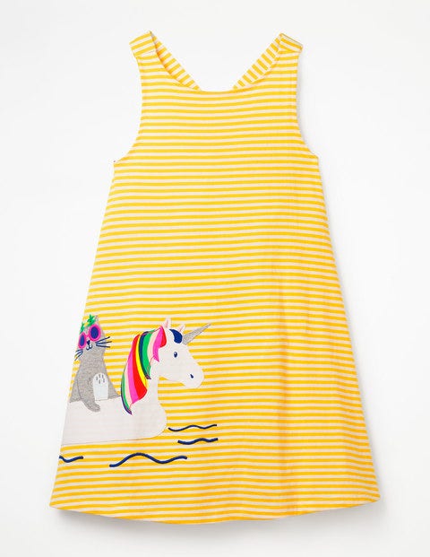 Cross-Back Appliqué Dress - White/Sunshine Yellow Cat Cross-Back Appliqué Dress - White/Sunshine Yellow Cat