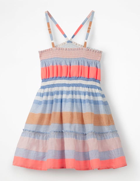 Gesmoktes Mittellanges Trägerkleid - Blau/Bunt, Gestreift Gesmoktes Mittellanges Trägerkleid - Blau/Bunt, Gestreift