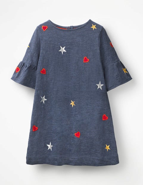 Flute-Sleeved Dress - Indigo Jersey Hearts Flute-Sleeved Dress - Indigo Jersey Hearts