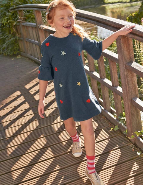 Flute-Sleeved Dress - Indigo Jersey Hearts Flute-Sleeved Dress - Indigo Jersey Hearts
