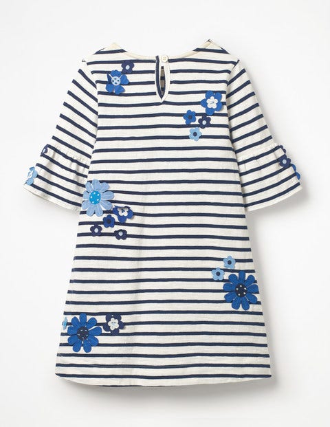 Flute-Sleeved Dress - Ivory/College Blue Flowers Flute-Sleeved Dress - Ivory/College Blue Flowers