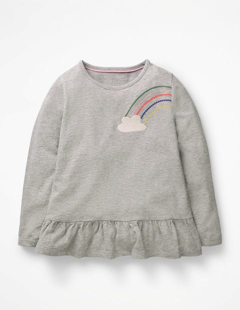 Embroidered Frilly Top - Grey Marl Rainbow Embroidered Frilly Top - Grey Marl Rainbow