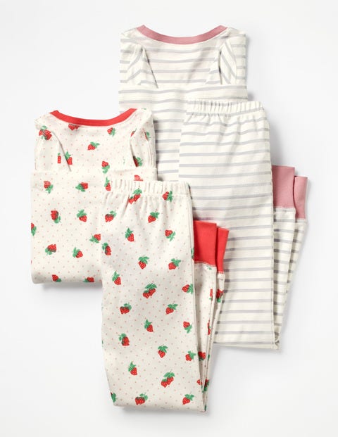 Twin Pack Long John Pyjamas - Ivory Strawberry Spot/Grey Twin Pack Long John Pyjamas - Ivory Strawberry Spot/Grey