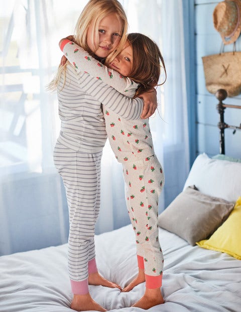 Twin Pack Long John Pyjamas - Ivory Strawberry Spot/Grey Twin Pack Long John Pyjamas - Ivory Strawberry Spot/Grey