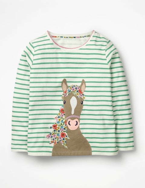 Stripy Animal Appliqué T-Shirt - Ivory/Jungle Green Horse Stripy Animal Appliqué T-Shirt - Ivory/Jungle Green Horse