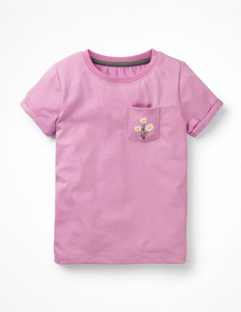 Embroidered Pocket T-Shirt - Lilac Pink Flower Embroidered Pocket T-Shirt - Lilac Pink Flower