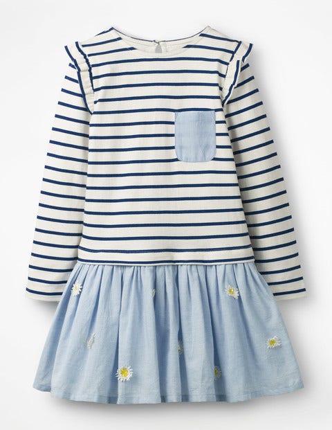 Witziges Gewebtes Jerseykleid - Naturweiß/Dunkelblau, Gänseblümchen Witziges Gewebtes Jerseykleid - Naturweiß/Dunkelblau, Gänseblümchen