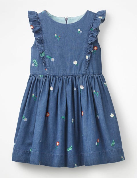 Embroidered Frill Dress - Chambray Embroidered Flowers Embroidered Frill Dress - Chambray Embroidered Flowers