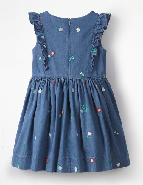 Embroidered Frill Dress - Chambray Embroidered Flowers Embroidered Frill Dress - Chambray Embroidered Flowers