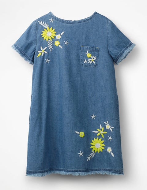 Embroidered Denim Dress - Chambray Embroidered Flowers Embroidered Denim Dress - Chambray Embroidered Flowers