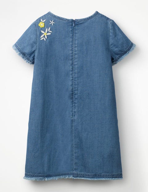Embroidered Denim Dress - Chambray Embroidered Flowers Embroidered Denim Dress - Chambray Embroidered Flowers