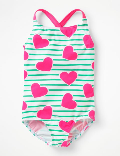 Cross-Back Swimsuit - Green/Ivory Coral Pink Hearts Cross-Back Swimsuit - Green/Ivory Coral Pink Hearts