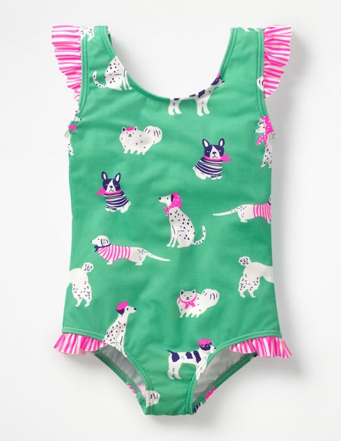 Frilly Printed Swimsuit - Jungle Green Doodle Dogs Frilly Printed Swimsuit - Jungle Green Doodle Dogs