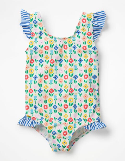 Frilly Printed Swimsuit - Ivory Flower Patch Frilly Printed Swimsuit - Ivory Flower Patch