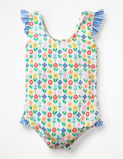 Frilly Printed Swimsuit - Ivory Flower Patch Frilly Printed Swimsuit - Ivory Flower Patch