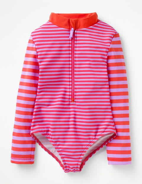 Stripy Long-Sleeved Swimsuit - Lavender/Indie Red Stripy Long-Sleeved Swimsuit - Lavender/Indie Red