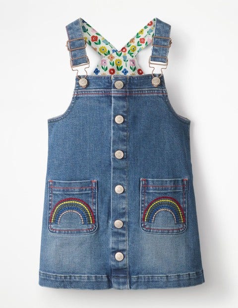 Button-Front Dungaree Dress - Light Vintage Blue Rainbows Button-Front Dungaree Dress - Light Vintage Blue Rainbows