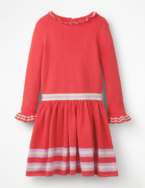 Geripptes Strickkleid Mit Streifen - Helles Rot Geripptes Strickkleid Mit Streifen - Helles Rot