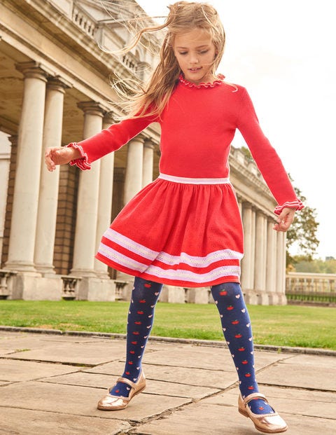 Geripptes Strickkleid Mit Streifen - Helles Rot Geripptes Strickkleid Mit Streifen - Helles Rot