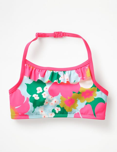 Bikinioberteil mit Rüschen - Quarzblau, Tropische Blumen Bikinioberteil mit Rüschen - Quarzblau, Tropische Blumen