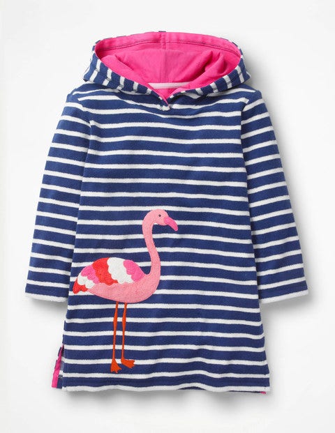 Fröhliches Frottee-Strandkleid - Segelblau/Ecru, Flamingo Fröhliches Frottee-Strandkleid - Segelblau/Ecru, Flamingo