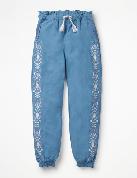 Embroidered Floaty Trousers - Elizabethan Blue Embroidered Floaty Trousers - Elizabethan Blue