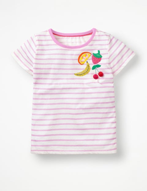 Stripy Embellished T-Shirt - White/Parasol Pink Fruit Stripy Embellished T-Shirt - White/Parasol Pink Fruit