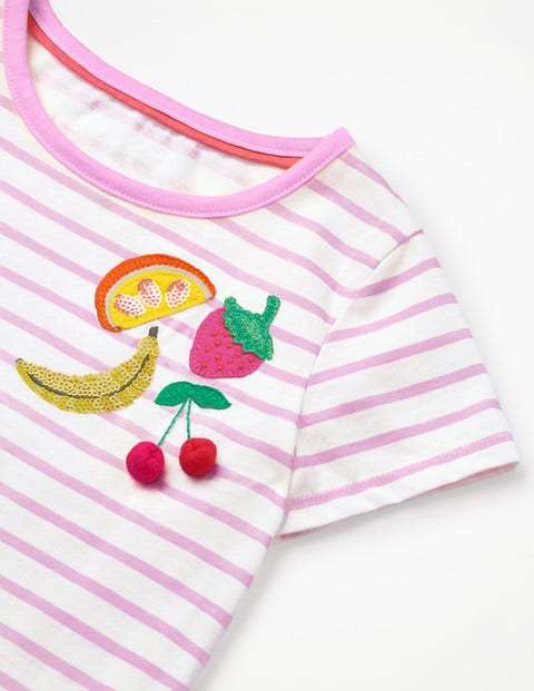 Stripy Embellished T-Shirt - White/Parasol Pink Fruit Stripy Embellished T-Shirt - White/Parasol Pink Fruit