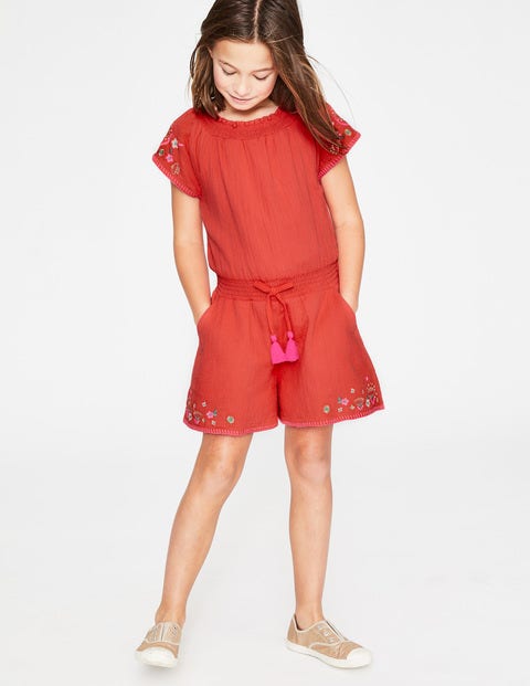 Embroidered Woven Playsuit - Tropical Coral Embroidered Woven Playsuit - Tropical Coral