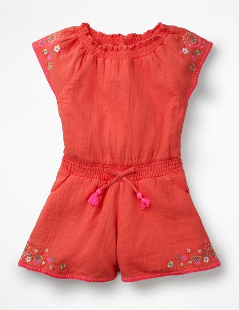 Embroidered Woven Playsuit - Tropical Coral Embroidered Woven Playsuit - Tropical Coral