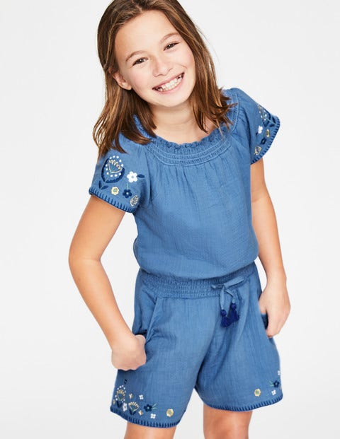 Embroidered Woven Playsuit - Elizabethan Blue Embroidered Woven Playsuit - Elizabethan Blue