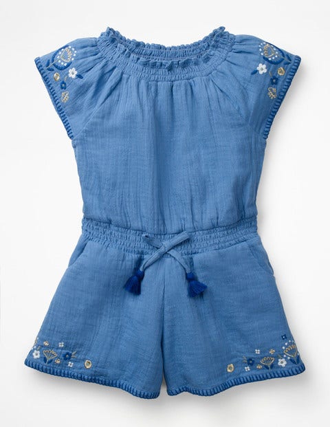Embroidered Woven Playsuit - Elizabethan Blue Embroidered Woven Playsuit - Elizabethan Blue