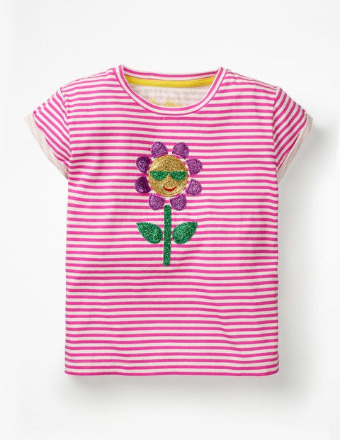 Shiny Appliqué T-Shirt - White/Festival Pink Flower Shiny Appliqué T-Shirt - White/Festival Pink Flower