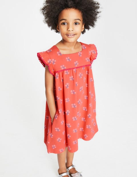 Frill Sleeve Jersey Dress - Tropical Coral Woodblock Frill Sleeve Jersey Dress - Tropical Coral Woodblock