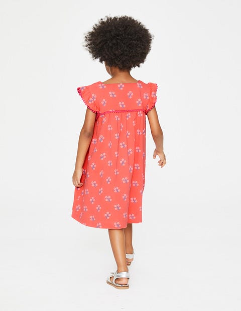 Frill Sleeve Jersey Dress - Tropical Coral Woodblock Frill Sleeve Jersey Dress - Tropical Coral Woodblock