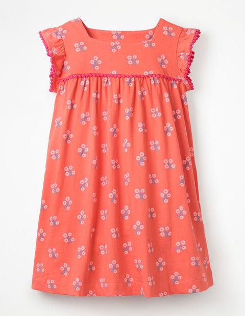 Frill Sleeve Jersey Dress - Tropical Coral Woodblock Frill Sleeve Jersey Dress - Tropical Coral Woodblock