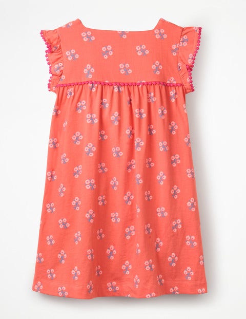 Frill Sleeve Jersey Dress - Tropical Coral Woodblock Frill Sleeve Jersey Dress - Tropical Coral Woodblock