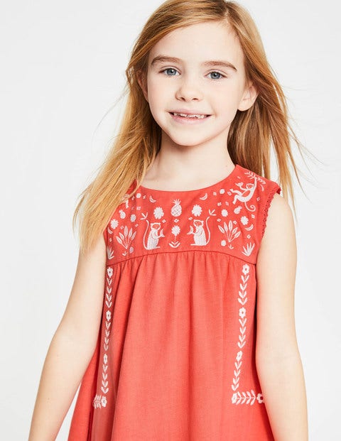 Farbenfrohes Jerseykleid Mit Stickerei - Tropisches Korallenrot Farbenfrohes Jerseykleid Mit Stickerei - Tropisches Korallenrot