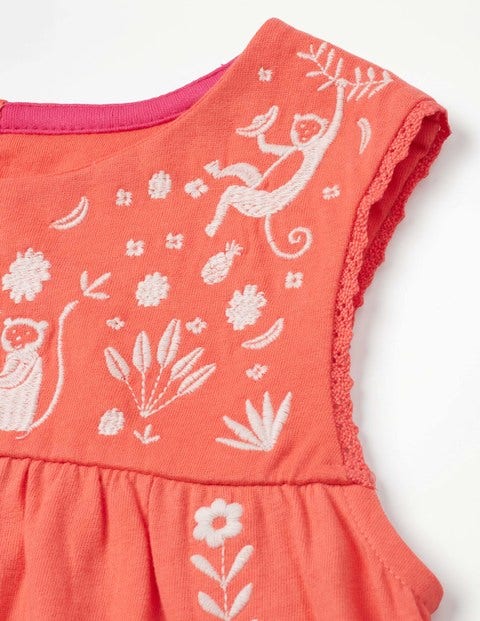 Farbenfrohes Jerseykleid Mit Stickerei - Tropisches Korallenrot Farbenfrohes Jerseykleid Mit Stickerei - Tropisches Korallenrot
