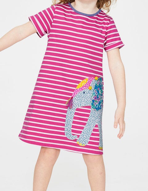 Robe À Appliqué Motifs Amis De Safari - Rayé/éléphant rose amusant Robe À Appliqué Motifs Amis De Safari - Rayé/éléphant rose amusant