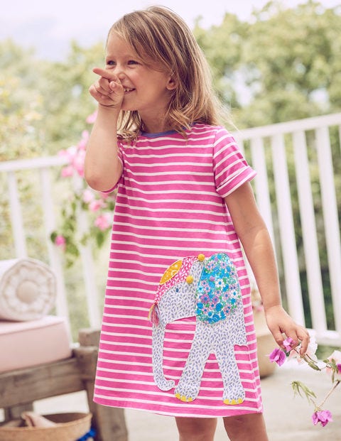 Robe À Appliqué Motifs Amis De Safari - Rayé/éléphant rose amusant Robe À Appliqué Motifs Amis De Safari - Rayé/éléphant rose amusant