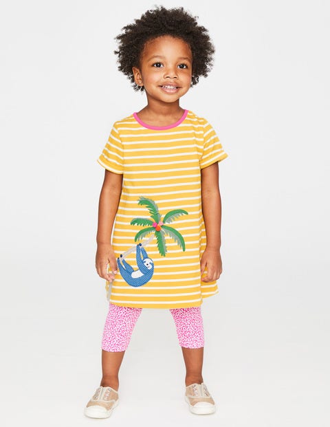 Safari Friends Appliqué Dress - Sweetcorn Yellow Stripe/Sloth Safari Friends Appliqué Dress - Sweetcorn Yellow Stripe/Sloth
