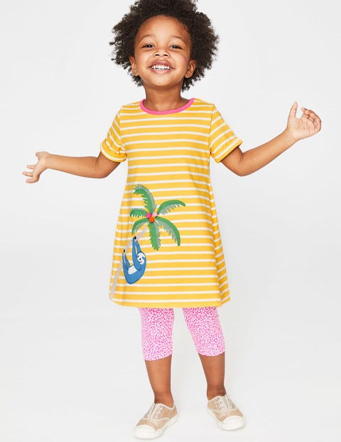 Safari Friends Appliqué Dress - Sweetcorn Yellow Stripe/Sloth Safari Friends Appliqué Dress - Sweetcorn Yellow Stripe/Sloth