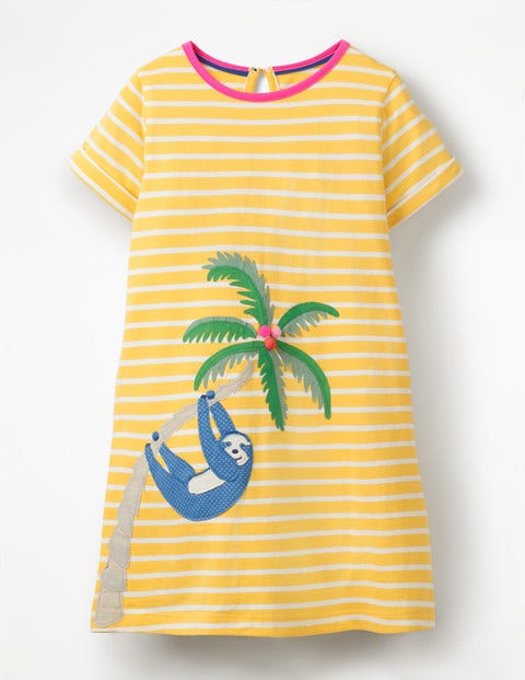 Safari Friends Appliqué Dress - Sweetcorn Yellow Stripe/Sloth Safari Friends Appliqué Dress - Sweetcorn Yellow Stripe/Sloth